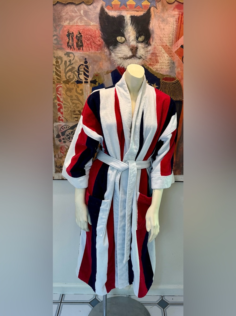 Pierre Cardin Vintage 80s red white blue striped patriotic terry cloth robe EC